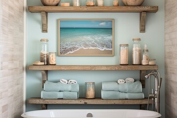 Seaside Cottage Rustic Wooden Shelves and Ocean Artwork Bathroom Inspirations