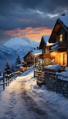 Panoramic view of alpine village in winter at sunset, Austria