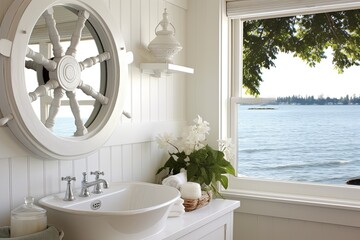 Ship Wheel Decor: Coastal Luxury Seaside Cottage Bathroom Inspirations