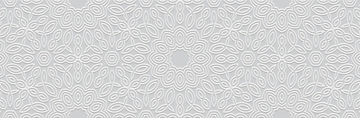 Banner. Embossed geometric elegant floral 3D pattern on a white background. Ornamental cover design, handmade, abstract zentangle. Boho motifs of the East, Asia, India, Mexico, Aztec, Peru.