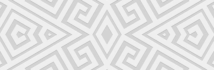 Banner. Relief geometric vintage 3D pattern on a white background. Ornamental ethnic cover design, Greek meander style. Boho motifs of the East, Asia, India, Mexico, Aztec, Peru.
