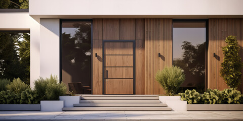 A view of a modern house and its security entrance door. Nice greenery to complement the building.