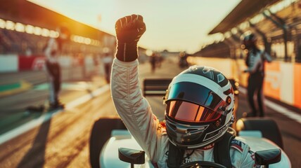 Racing driver celebrates victory on track with raised fist - obrazy, fototapety, plakaty