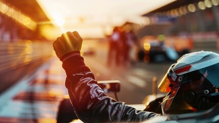 Racing driver celebrating victory on track at sunset