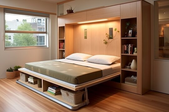 Space-Saving Solutions: Pull-Down Bed and Murphy Bed Living Room in Tiny House Designs