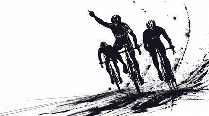 dynamic silhouette illustration of cyclists in motion with ink splash effect for high-energy sports themes - obrazy, fototapety, plakaty