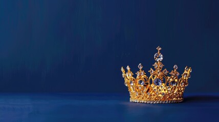 Golden crown with gemstones on blue background - obrazy, fototapety, plakaty