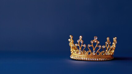 Golden crown with gemstones on blue background - obrazy, fototapety, plakaty