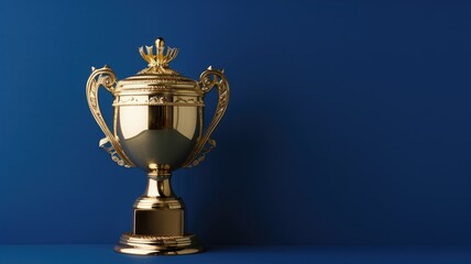 Fototapeta na wymiar Golden trophy against blue background, symbolizing victory and achievement