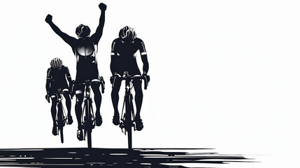 cyclists in victory pose in silhouette against white background, celebrating the stage winning at the Tour de France