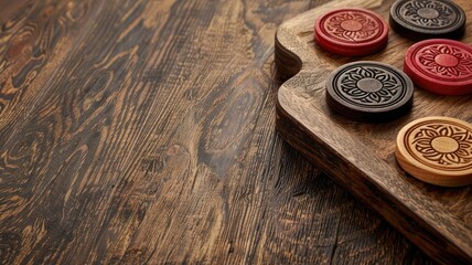 Carrom board coins set on wooden surface - obrazy, fototapety, plakaty