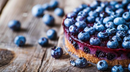 Fresh blueberry tart on wooden surface with extra blueberries scattered around - obrazy, fototapety, plakaty