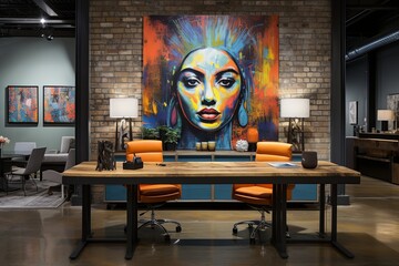 Vibrant Urban Art Loft Office Designs: Cool Furniture and Vibrant Artwork Display