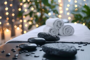 Luxurious and inviting spa setup with white towels and black basalt stones for relaxation therapy