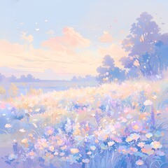 Enjoy a serene view of a lush meadow blooming with soft-pastel flowers in this enchanting landscape. Ideal for promoting floral arrangements or capturing the essence of nature's tranquility.