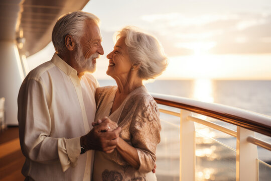 Happy stylish senior cupple on the deck of the cruise ship