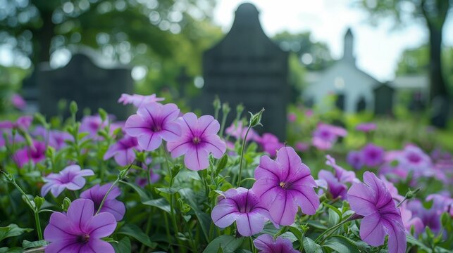 Cemetery flowers with grave stone and church in background captured by camera movement