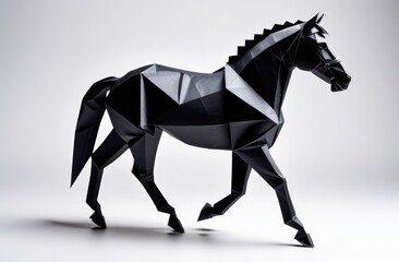 Black horse made of paper on a white background, origami.