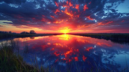 A tranquil pond reflecting the fiery colors of sunset, 4k, ultra hd - obrazy, fototapety, plakaty
