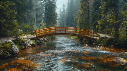A wooden bridge spanning a rushing mountain stream, 4k, ultra hd
