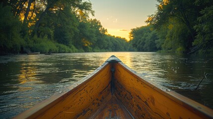A wooden canoe drifting gently down a tranquil river, 4k, ultra hd - obrazy, fototapety, plakaty