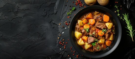 Top view of a black background with copy space showcasing beef stew accompanied by potatoes, carrots, and herbs