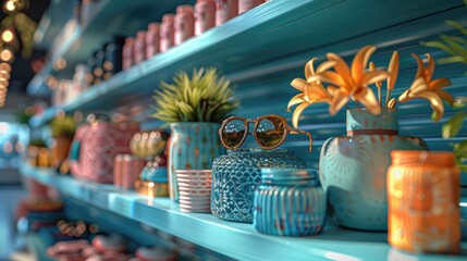 Close-up of a retail display with trendy products and accessories