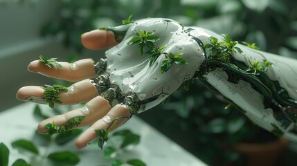 Conceptual Design of Green Tech% A Human Arm Cloaked in Verdure with a Robotic Hand, 3D Visualization