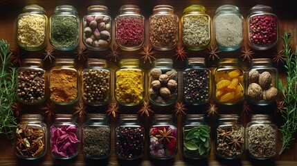 Exotic spices and herbs arranged in beautiful patterns, 4k, ultra hd - obrazy, fototapety, plakaty