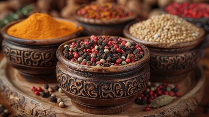 Exotic spices and herbs displayed in decorative containers, 4k, ultra hd