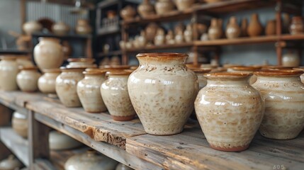 Handmade artisanal pottery displayed on wooden shelves in a cozy ceramics studio