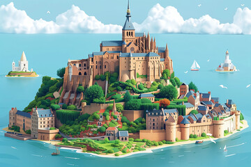 AI-generated isometric vector depicting Mont Saint-Michel in vibrant sunlight with a whimsical touch - obrazy, fototapety, plakaty