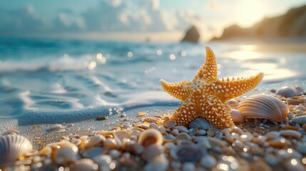 Serene beach scene with seashells and a starfish