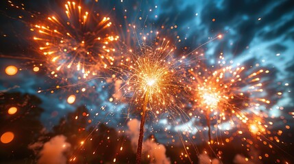 Fototapeta premium Sparkling fireworks lighting up the night sky in a dazzling display of color and excitement