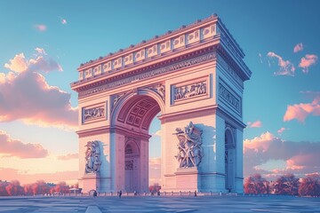 This illustration captures the Arc de Triomphe as twilight paints the Parisian sky in soft colors. AI Generated