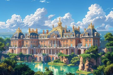 Fototapeta premium Vector illustration of the Palace of Versailles with its iconic golden roofs, poised above serene cliffside waters. AI Generated.