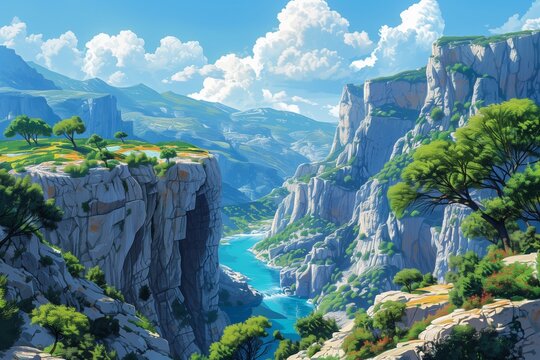 Vibrant vector illustration capturing the lush greenery and towering cliffs of France's Gorges du Verdon under a clear sky, bathed in sunlight, a true display of nature's majesty. AI Generated