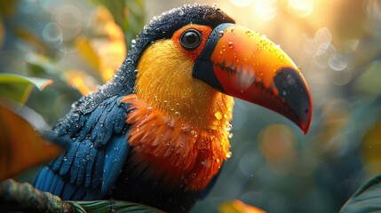 Naklejka premium A colorful toucan perched on a tropical tree branch