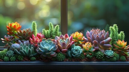 A collection of colorful succulents and cacti arranged on a sunlit windowsill