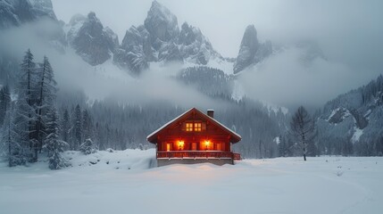 A cozy cabin nestled in a snowy alpine meadow, 4k, ultra hd - obrazy, fototapety, plakaty