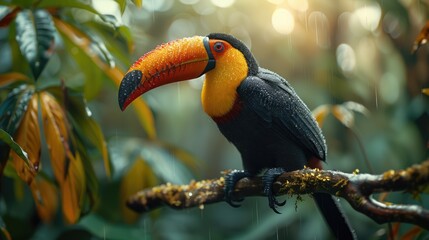 Obraz premium A colorful toucan perched on a branch in a tropical rainforest