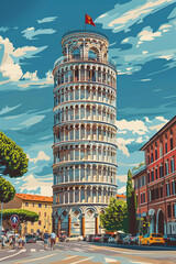 The Leaning Tower of Pisa stands tall in this vibrant vector streetscape, flanked by Italian architecture, AI Generated. - obrazy, fototapety, plakaty