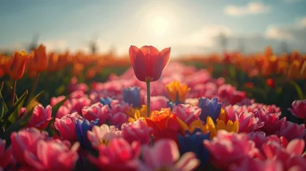 Fotobehang A colorful Tulip festival in the Netherlands, with windmills in the background, 4k, ultra hd © Gefo