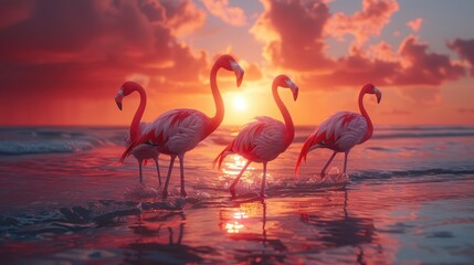 A group of flamingos wading in a shallow saltwater marsh at sunrise