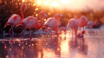 A group of flamingos wading in a shallow saltwater marsh at sunrise - obrazy, fototapety, plakaty