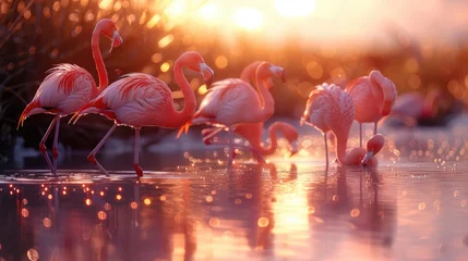 Fotobehang A group of flamingos wading in a shallow saltwater marsh at sunrise © Gefo