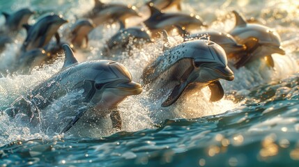 A pod of dolphins frolicking in the sparkling ocean waves