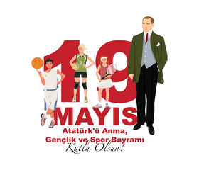 Founder of the Republic of Turkey Mustafa Kemal Ataturk illustration. 19 May, sport.