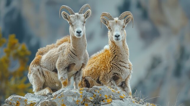 A pair of mountain goats perched on a rocky cliff, 4k, ultra hd