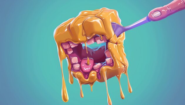 A chewy caramel square sinks its teeth into a tooth, its sticky texture pulling away enamel like taffy
